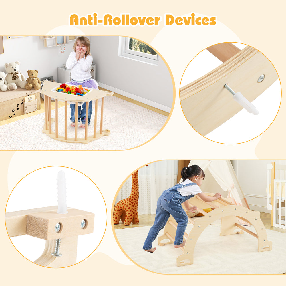 Anti-rollover devices on the 8-in-1 climbing arch sensory table enhance stability for kids' play and safety.