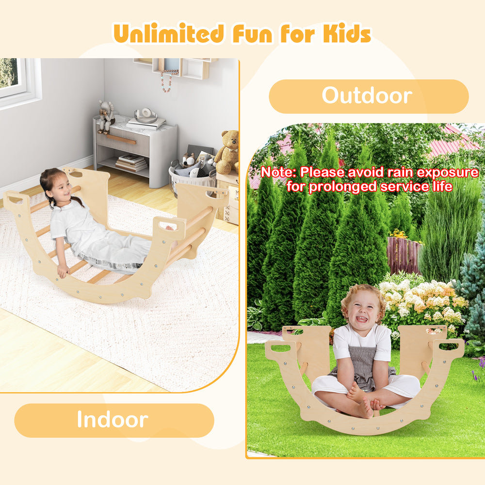8-in-1 climbing arch sensory table for kids, made of solid beech wood, suitable for indoor and outdoor play.