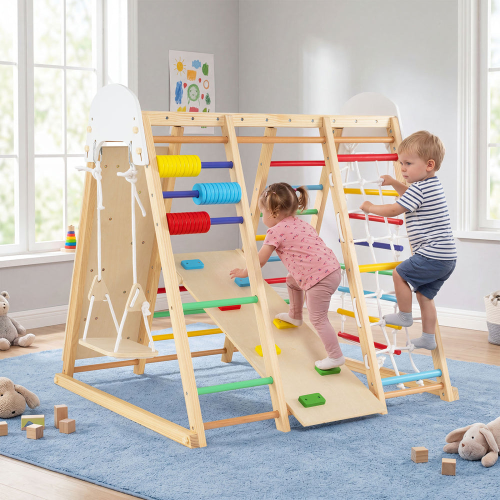 Colorful 8-in-1 foldable indoor jungle gym for kids featuring climbing, swinging, and an abacus for skill development.