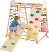 Colorful 8-in-1 foldable indoor jungle gym features a swing, climbing wall, and slide for active play and skill development.