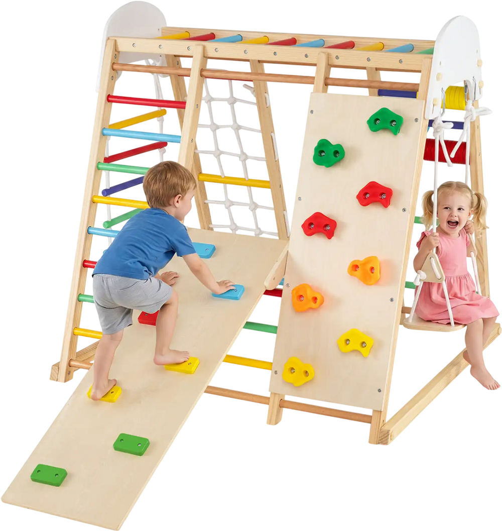 Colorful 8-in-1 foldable indoor jungle gym features a swing, climbing wall, and slide for active play and skill development.