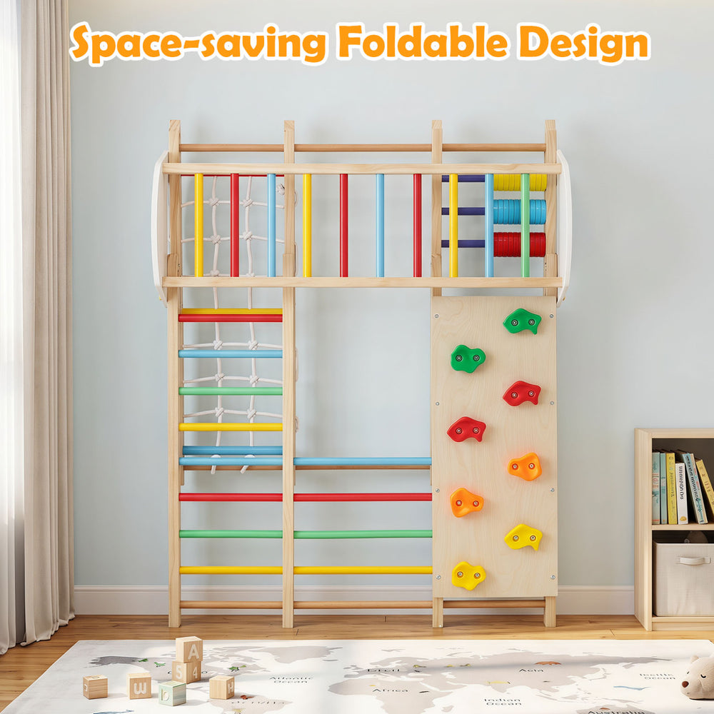 Colorful 8-in-1 foldable indoor jungle gym for kids features solid wood, swing, monkey bars, and climbing wall for fun.