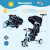 8-in-1 folding kids tricycle in blue with removable canopy, adjustable features, and parent steering handle for safety.