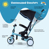 8-in-1 folding kids tricycle in blue with adjustable canopy, removable pedals, and parent steering handle for.