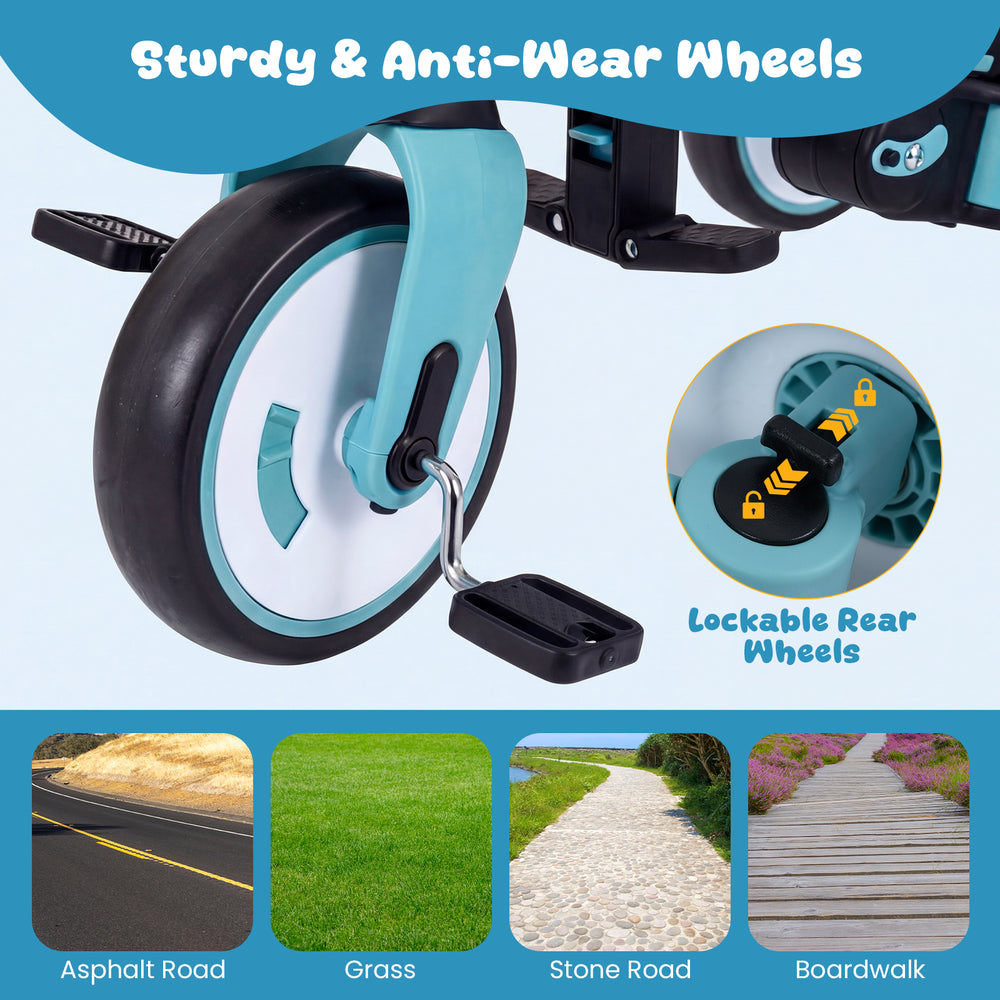 Lockable rear wheels of the blue 8-in-1 folding kids tricycle ensure stability and safety for outdoor adventures.