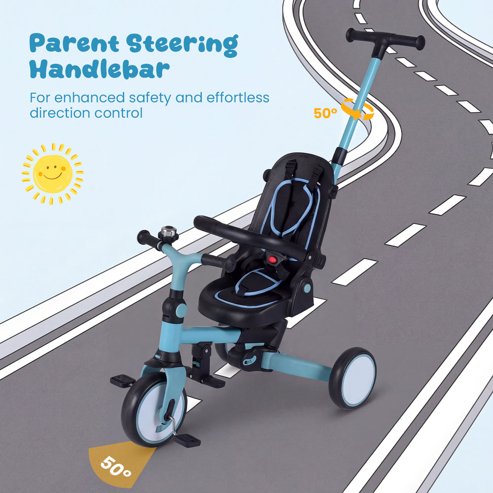 Blue 8-in-1 folding kids tricycle with parent steering handlebar and removable canopy for versatile outdoor fun.