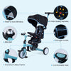 8-in-1 blue kids tricycle with removable canopy, adjustable features, and 5-point safety harness for secure rides.