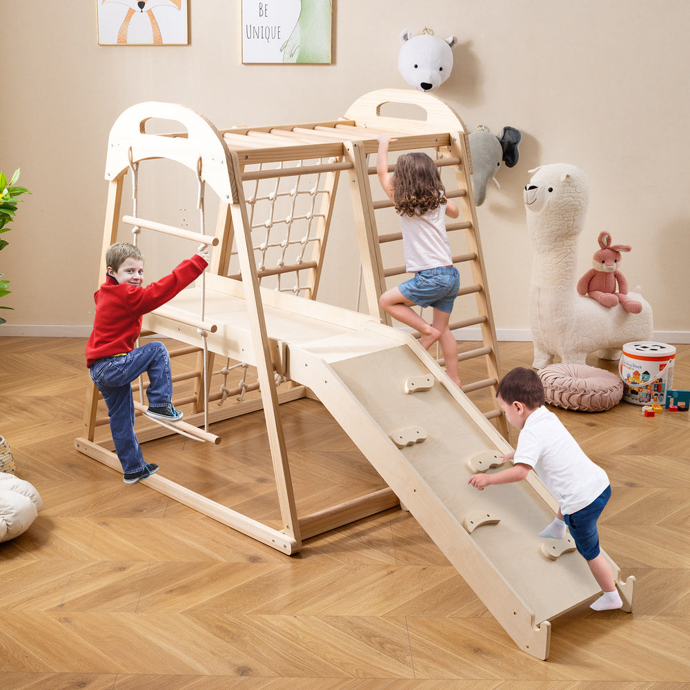 8-in-1 Jungle Gym Wooden Montessori Climber Playset with Slide and Monkey Bar for Kids 3-5 Years Old-Natural - Gallery View 1 of 10