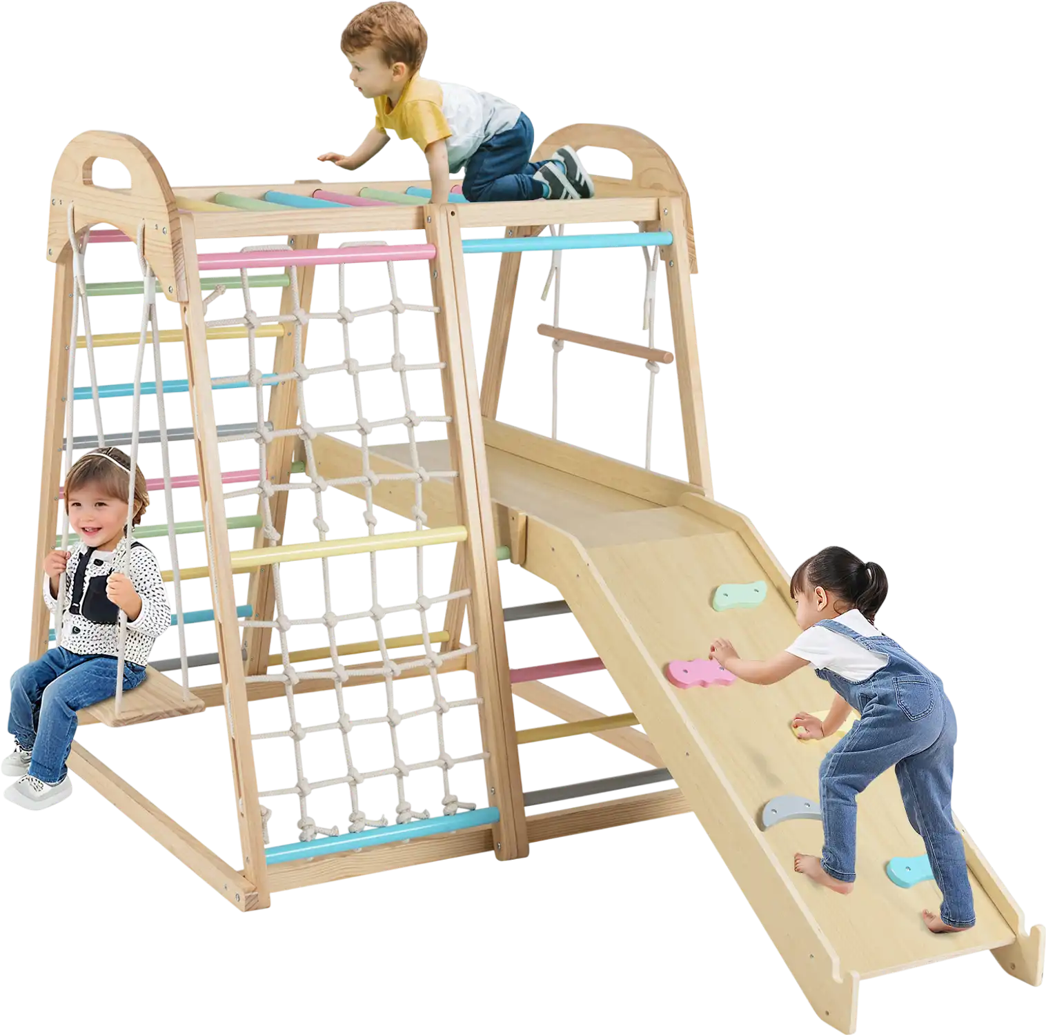 Costway 8-in-1 Wooden Montessori Jungle Gym Climber Playset with Slide Monkey Bars 69391411 New