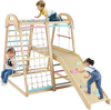 Wooden 8-in-1 jungle gym playset with slide, monkey bars, and climbing features for kids aged 3-5 years, multicolor.