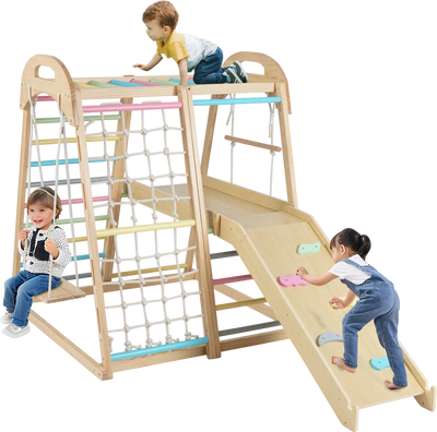 Costway 8-in-1 Wooden Montessori Jungle Gym Climber Playset with Slide Monkey Bars 69391411 New
