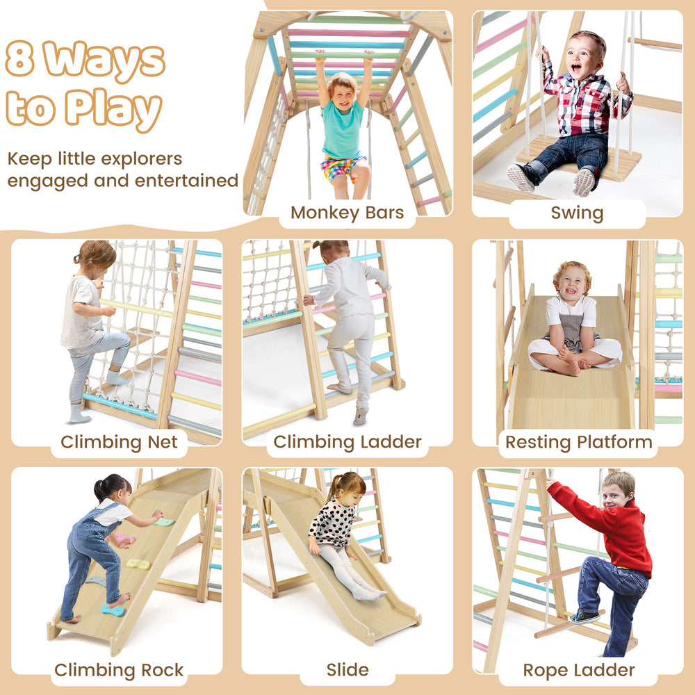 8-in-1 Jungle Gym playset featuring monkey bars, slide, and climbing net for kids aged 3-5 years, perfect for active.