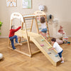 Wooden 8-in-1 Montessori climber playset with slide, monkey bars, and adjustable ramp for kids aged 3-5 years.