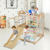 Wooden Montessori climber playset with slide and monkey bars, designed for kids aged 3-5 years, ideal for playrooms and.