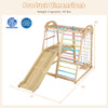 8-in-1 wooden Montessori climber playset with slide, monkey bars, and adjustable ramp for kids aged 3-5 years.