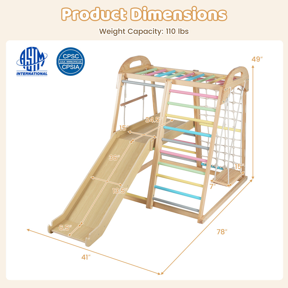 8-in-1 wooden Montessori climber playset with slide, monkey bars, and adjustable ramp for kids aged 3-5 years.