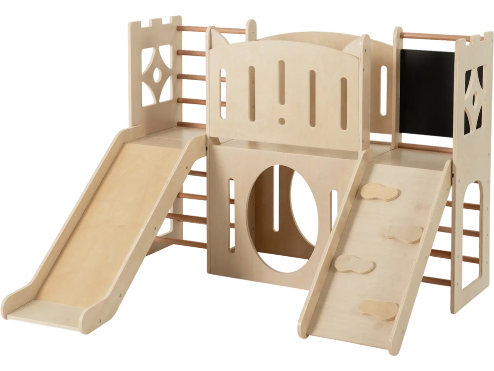 Toddler slide wooden indoor playground with climber, chalkboard, and smooth slides for safe, creative play.