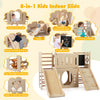 8-in-1 toddler slide indoor playground features a climbing ramp, chalkboard, and spacious slide for creative play.