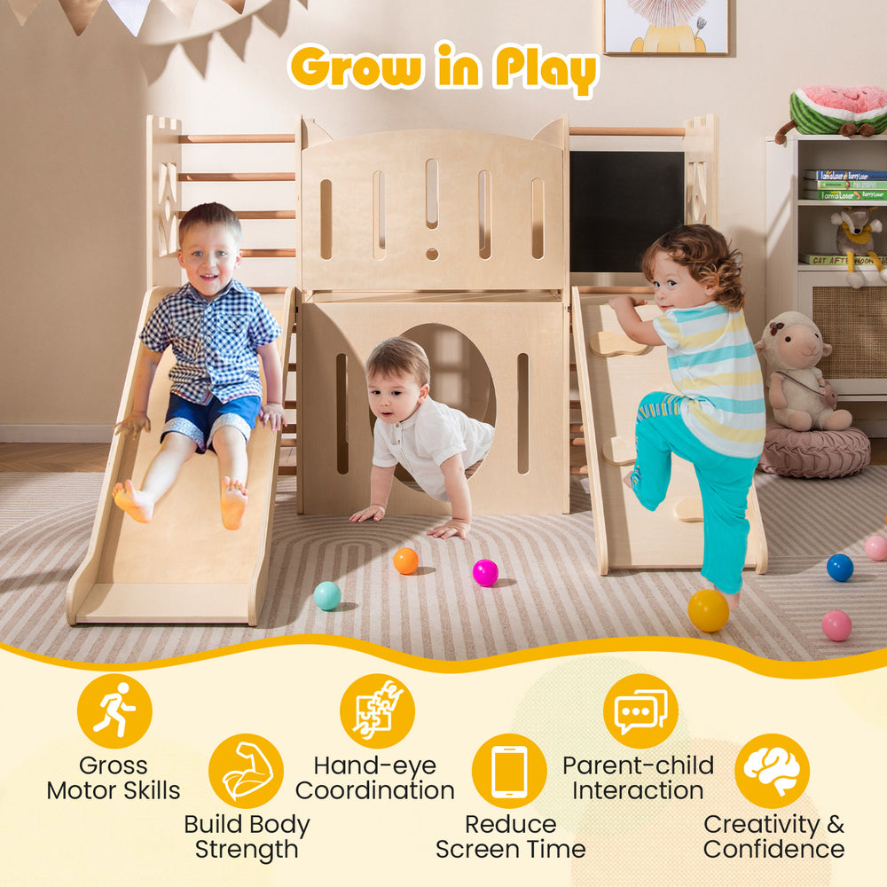 8-in-1 toddler slide wooden indoor playground with climber, chalkboard, and smooth slide for safe, creative play.