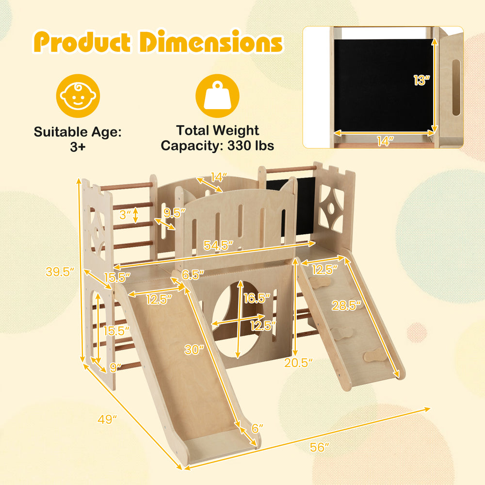 Dimensions of the 8-in-1 toddler slide wooden indoor playground with climber and chalkboard, suitable for ages 3+.