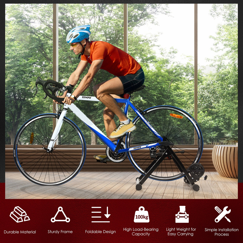 Portable folding steel bicycle training stand with sturdy frame, suitable for 26"-28" wheels, ideal for indoor exercise.