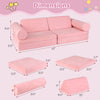 Dimensions of the 8-piece kids play couch foam set in pink, showcasing modular pieces for versatile play and comfort.
