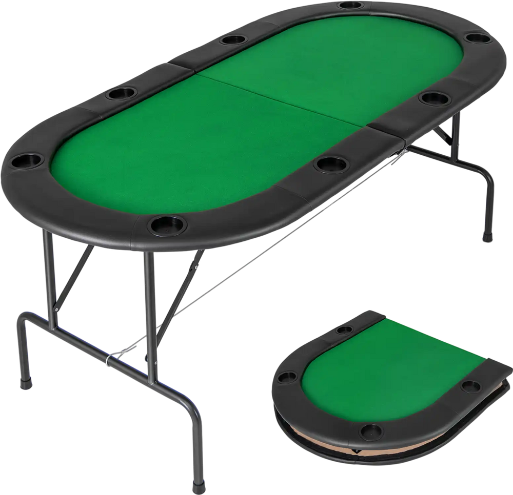 Foldable poker table for 8 players with green felt surface, cup holders, and padded armrests, perfect for game nights.