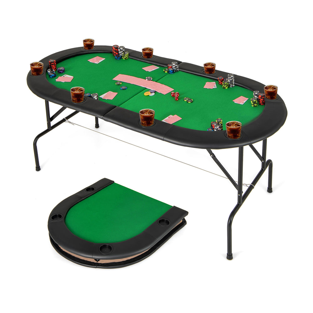 Foldable 8-player poker table with green felt surface, cup holders, and padded armrests, perfect for game nights.