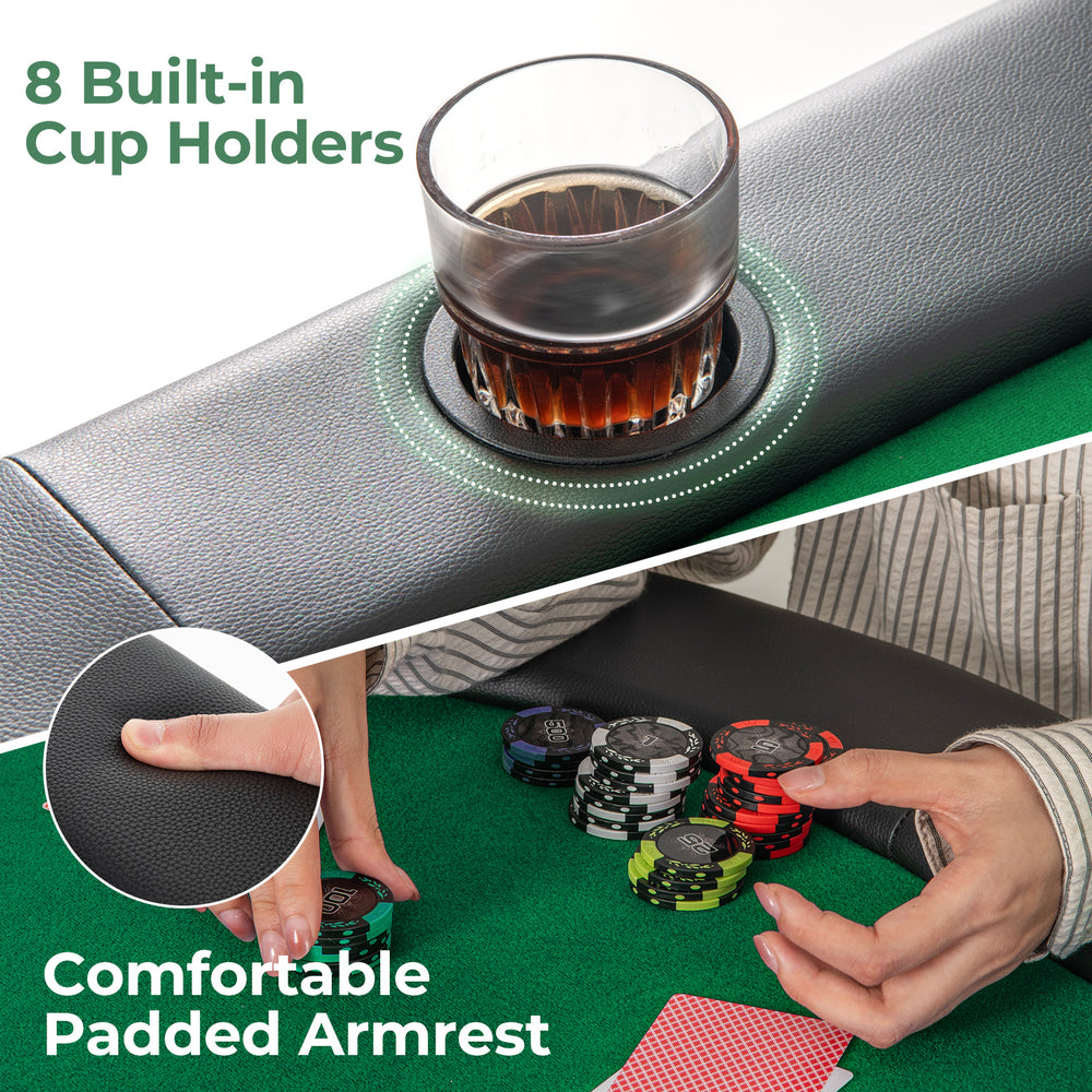 Close-up of the padded armrest and cup holder on the 8 Players Texas Holdem poker table for comfortable gameplay.