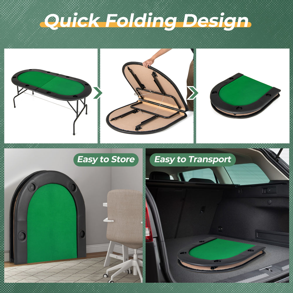 Foldable poker table with green felt surface, compact design for easy transport and storage, accommodates 8 players.
