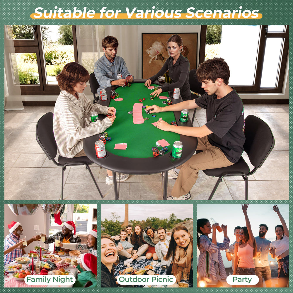 Foldable green poker table for 8 players with cup holders, perfect for family nights, outdoor picnics, and parties.