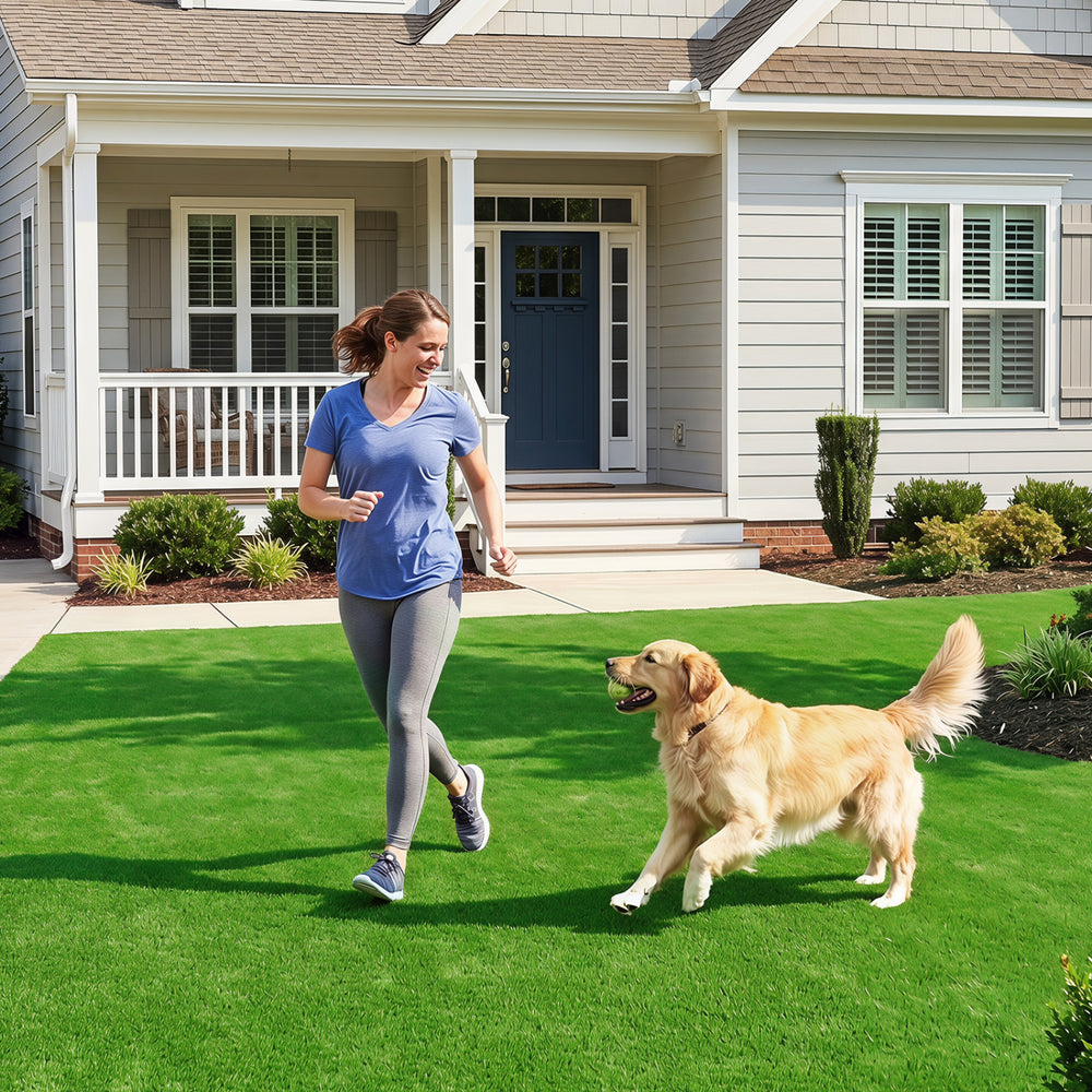 Woman jogging with a golden retriever on a lush 8 x 5 feet artificial turf rug, ideal for pet areas and easy upkeep.