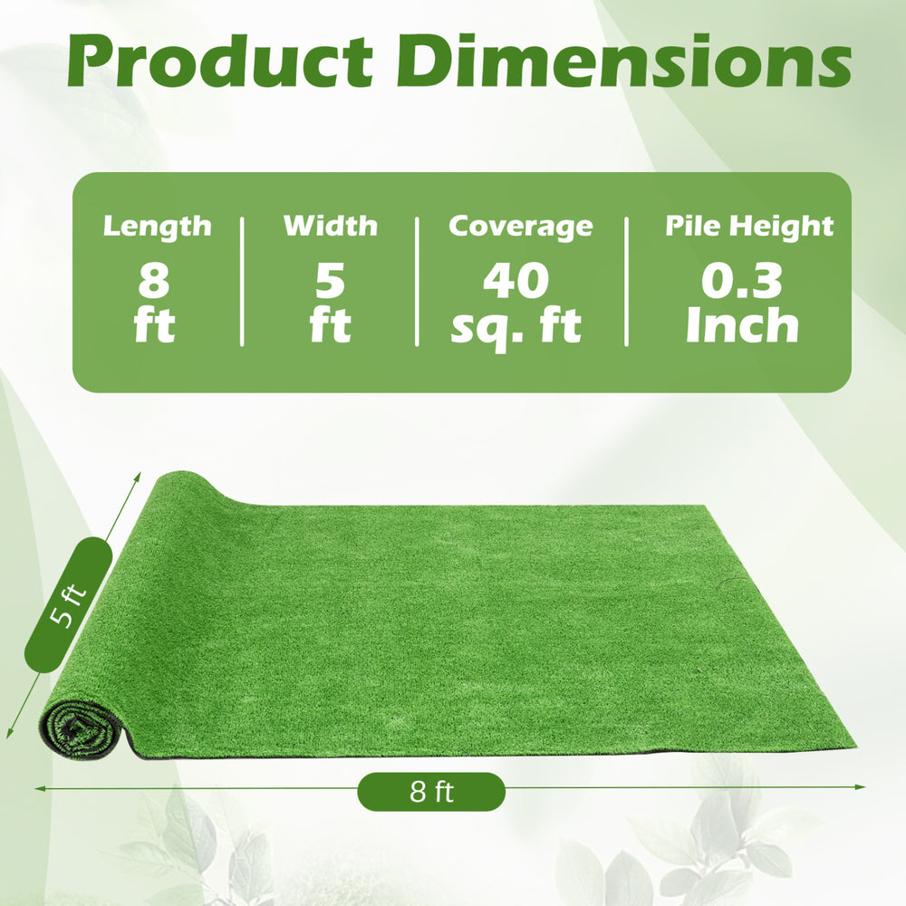 Artificial turf rug measuring 8 x 5 feet with low 0.3 inch pile height, ideal for high traffic areas and easy upkeep.