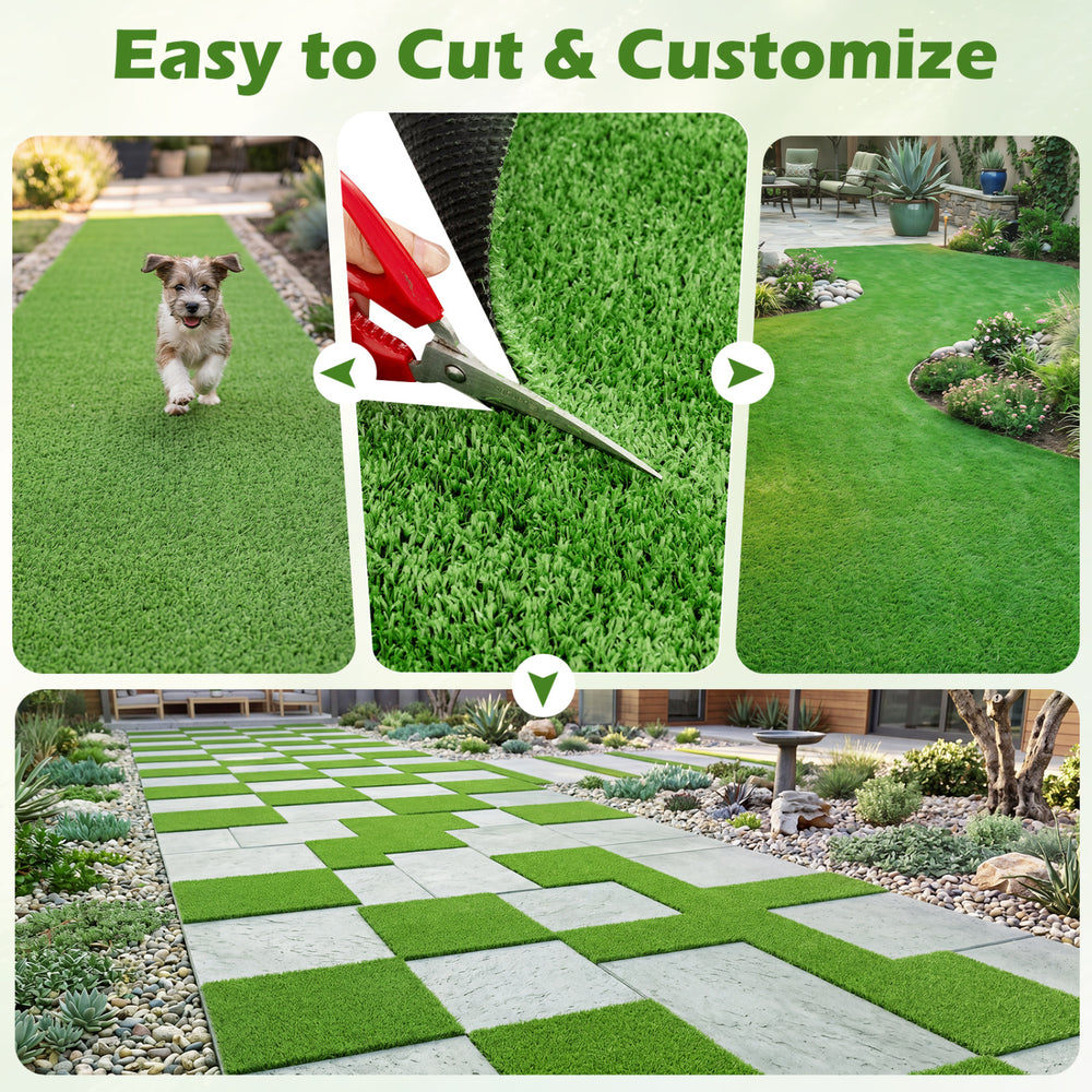 Artificial turf rug, 8 x 5 feet, low 0.3 inch pile height, customizable for yards, balconies, and pet areas.