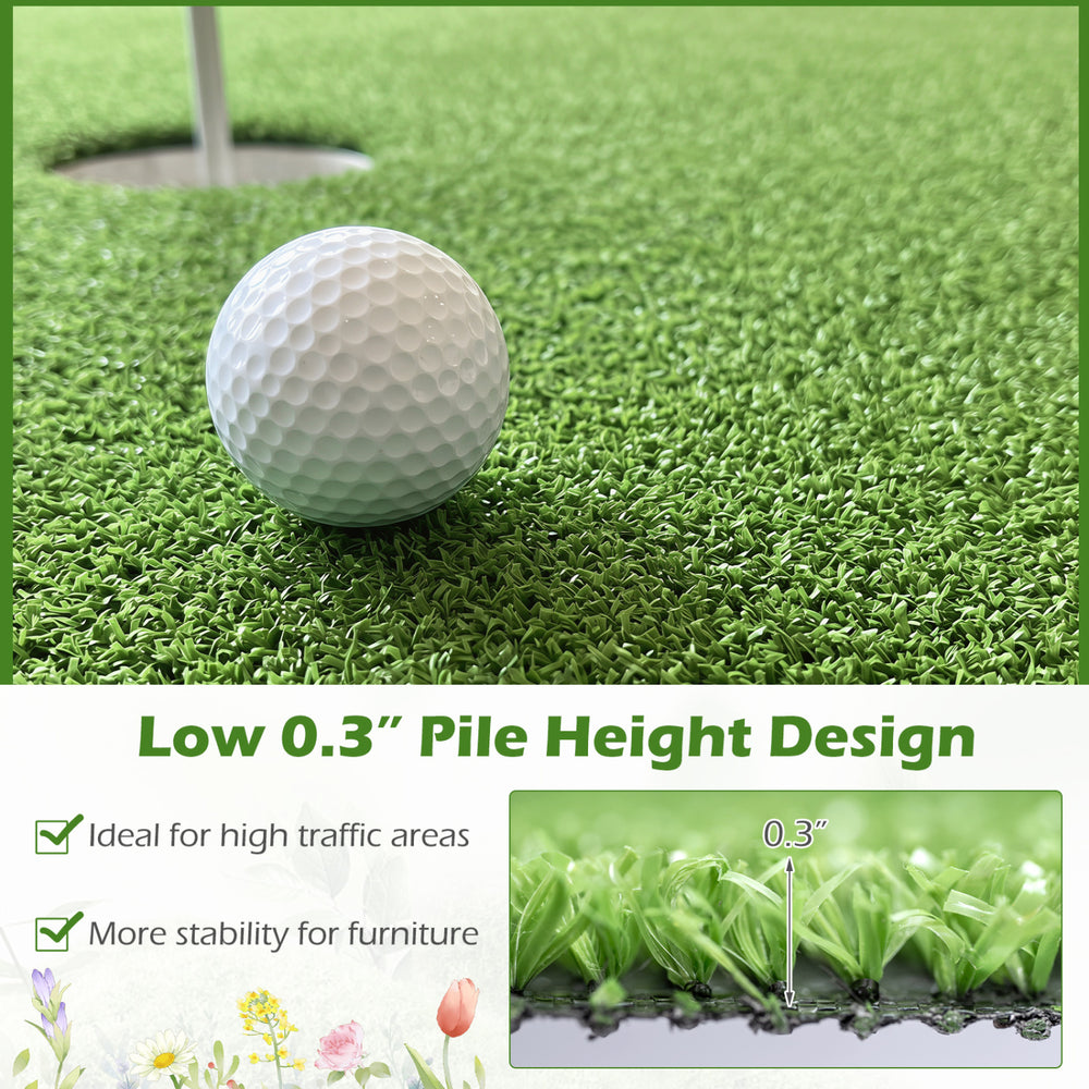 Artificial turf rug with low 0.3" pile height, ideal for high traffic areas, featuring soft green blades for a natural.