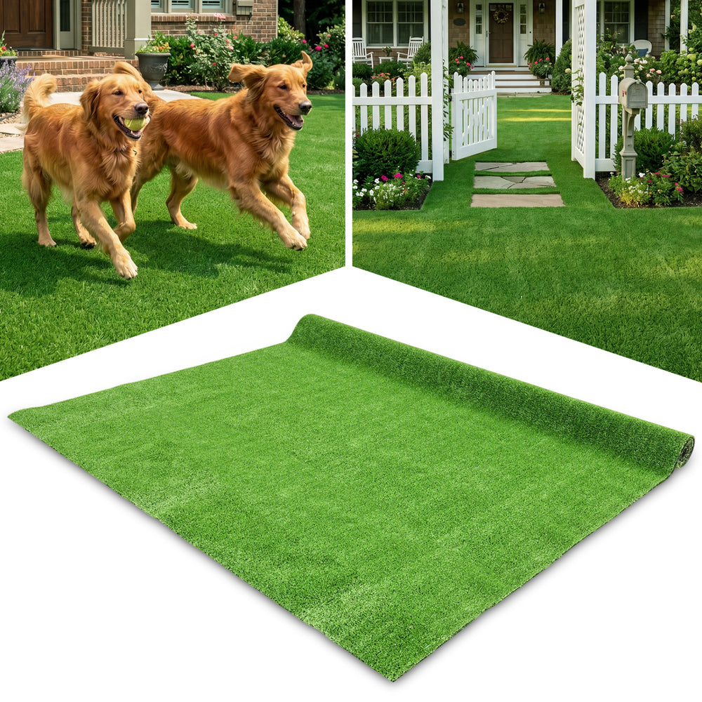 Artificial turf rug measuring 8 x 5 feet with low 0.3-inch pile height, ideal for pet areas and easy maintenance.