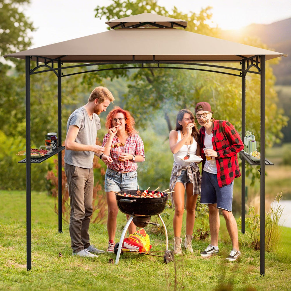 Grill gazebo with a rustic brown polyester canopy, featuring two shelves and hooks, ideal for outdoor cooking.