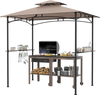 Grill gazebo with a rustic brown metal frame, featuring a polyester canopy, two shelves, and six hooks for utensils.
