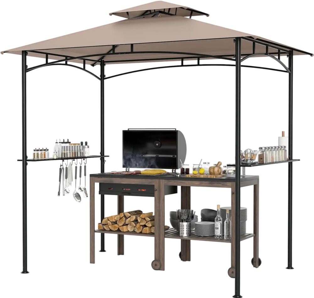 Grill gazebo with a rustic brown metal frame, featuring a polyester canopy, two shelves, and six hooks for utensils.