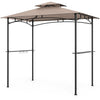 Grill gazebo with a rustic brown polyester canopy, metal frame, two shelves, and six hooks for outdoor cooking.