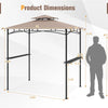 Dimensions of the 8 x 5 feet grill gazebo with rustic brown canopy, featuring 2 shelves and 6 hooks for outdoor cooking.