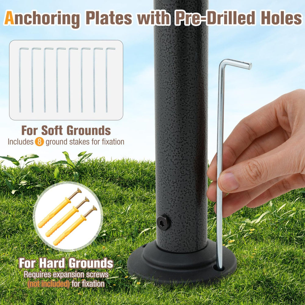 Anchoring plates with pre-drilled holes and included ground stakes for securing the 8 x 5 feet grill gazebo on soft.