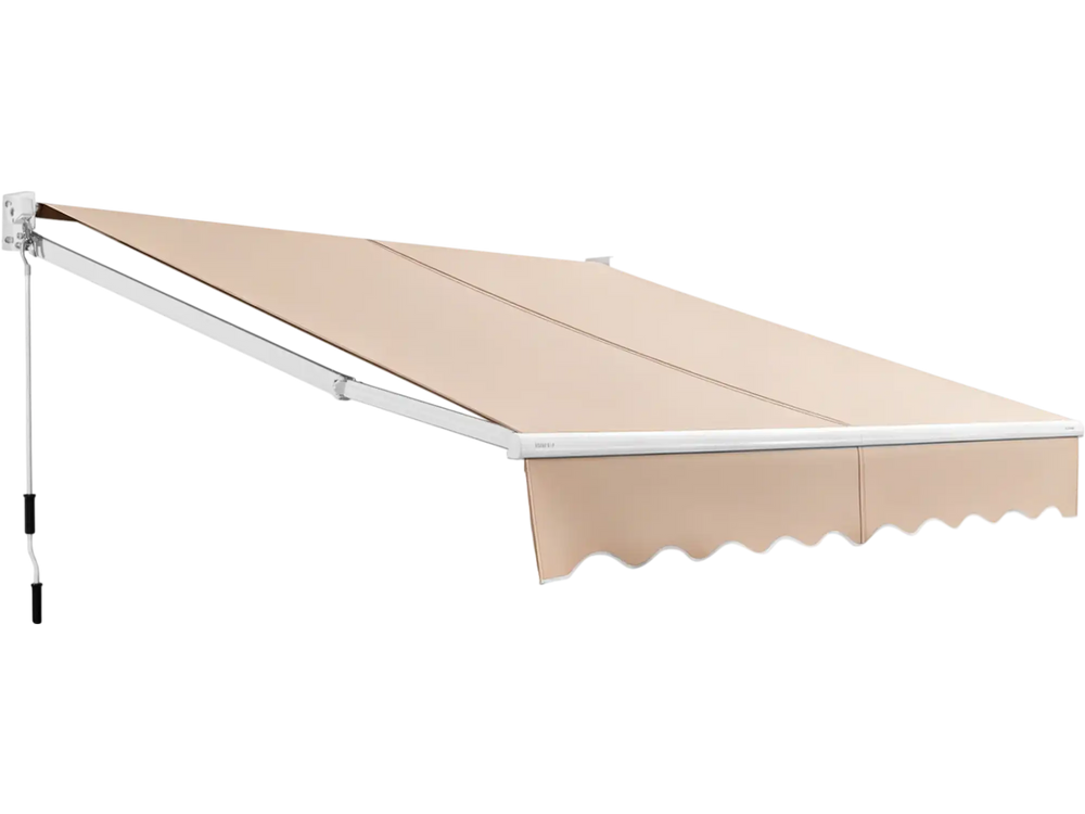 Retractable 8 x 6.6 feet patio awning in beige with a manual crank handle, providing UV protection and durable waterproof fabric.