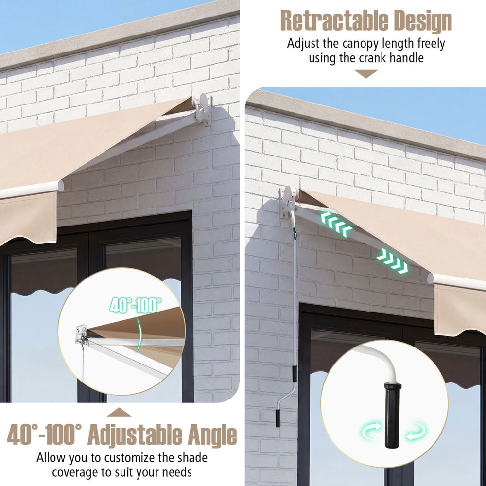 Retractable 8 x 6.6 feet patio awning in beige with manual crank handle and adjustable angle for customizable shade.