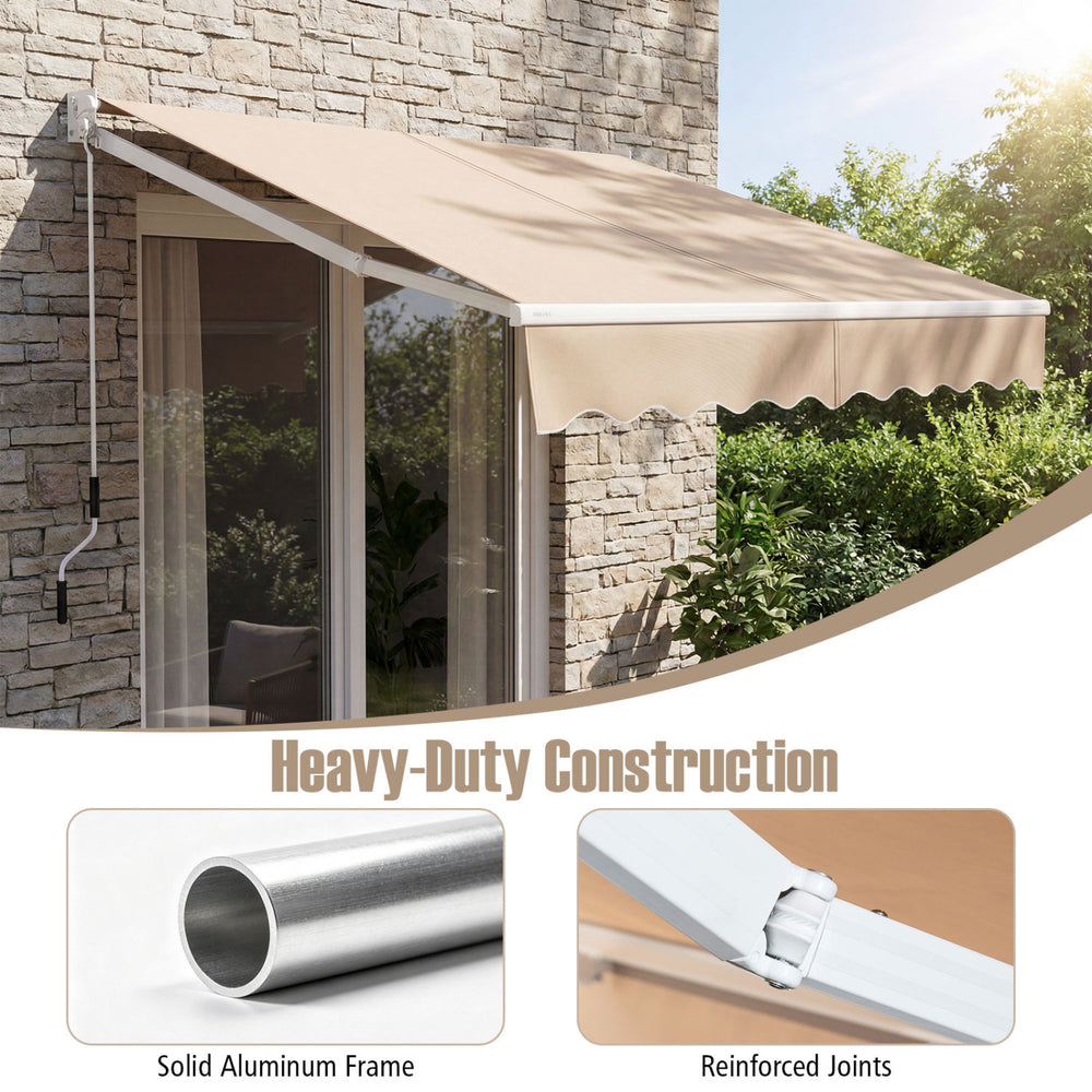 Retractable 8 x 6.6 feet patio awning in beige with a manual crank handle, offering UV protection and durable waterproof fabric.