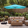 Turquoise 8 x 8 ft offset cantilever patio umbrella with 360° rotation, providing shade for outdoor furniture.