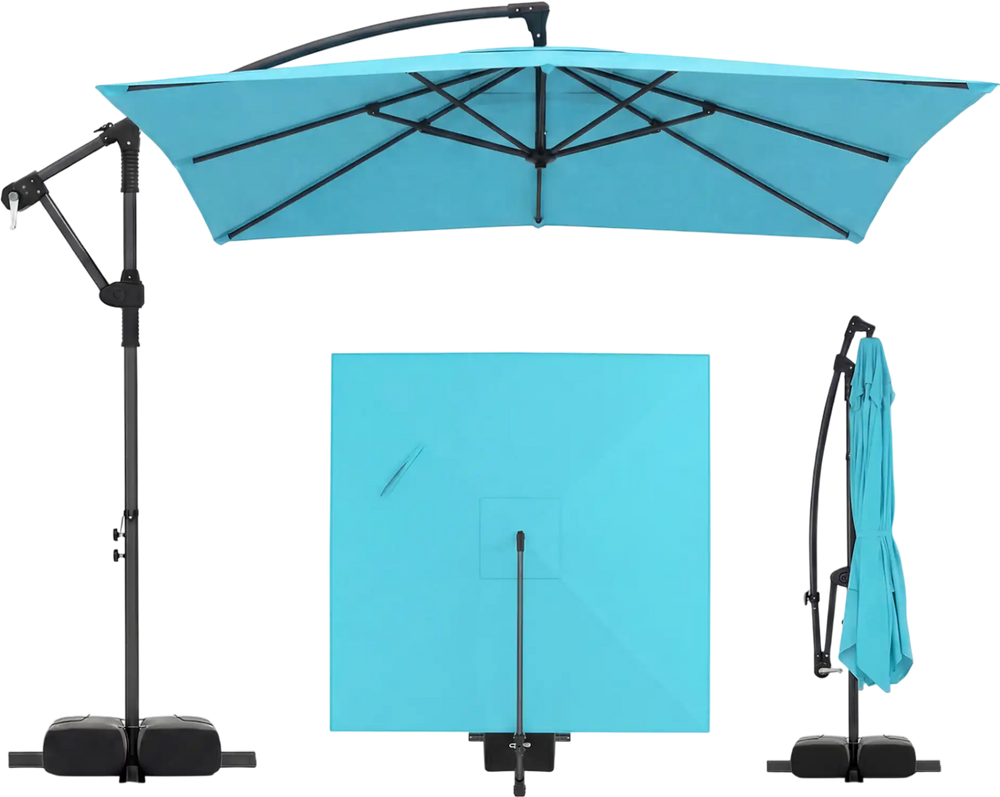 Turquoise 8 x 8 ft offset cantilever patio umbrella with 360° rotation and heavy-duty support for outdoor gatherings.