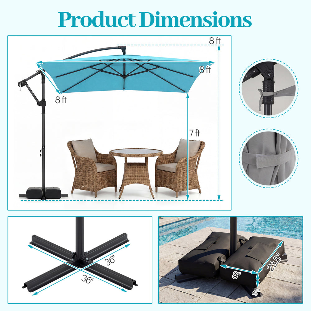 8 x 8 ft turquoise offset cantilever patio umbrella with 360° rotation, featuring a double-tier canopy for airflow.