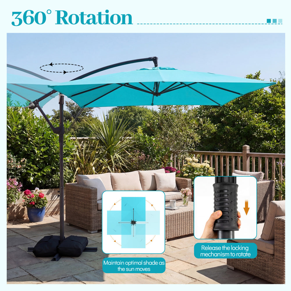 Turquoise 8x8 ft offset cantilever patio umbrella with 360° rotation, ideal for outdoor gatherings and shade adjustment.