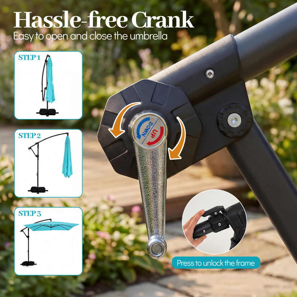 Hassle-free crank mechanism for the 8 x 8 ft turquoise offset cantilever patio umbrella, showcasing easy operation.